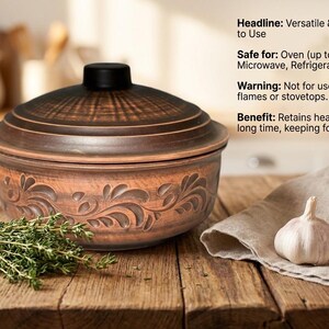 May include: A brown ceramic casserole dish with a lid, featuring a decorative floral pattern. The dish is on a wooden surface, accompanied by garlic and herbs. The headline says: Versatile & Safe to Use.