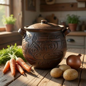 May include: A brown ceramic cooking pot with a lid, featuring carved vegetable designs. Carrots, potatoes, and an onion are arranged on a rustic wooden table. Fresh green herbs are also present, suggesting a culinary theme.