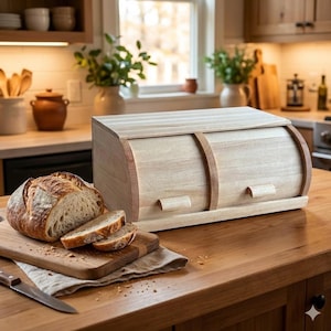May include: A light-coloured wooden bread bin with a roll-top design, featuring a curved front and two small handles. A loaf of bread, partially sliced, rests on a wooden chopping board with a knife and linen cloth.