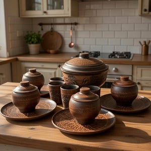 Handmade Clay Pottery Set | Rustic Ukrainian Cookware | Clay Baking Pot, Portion Pots & Cups