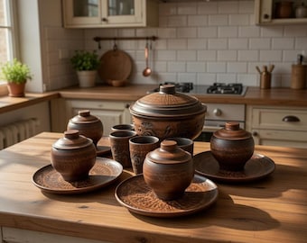 Handmade Ton Keramik Set | Rustikales Ukrainisches Kochgeschirr | Backtopf aus Ton, Portionstöpfe & Tassen