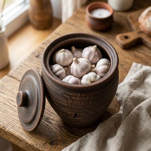 May include: A brown ceramic garlic pot with a lid, filled with fresh garlic bulbs. The pot has a floral design and sits on a wooden surface. The lid is off to the side. A linen cloth is draped nearby.