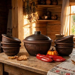 May include: A rustic kitchen scene features a large, dark brown ceramic pot with a lid, surrounded by stacks of matching bowls. Red peppers and a small pumpkin rest on a wooden table, with autumn leaves scattered around.