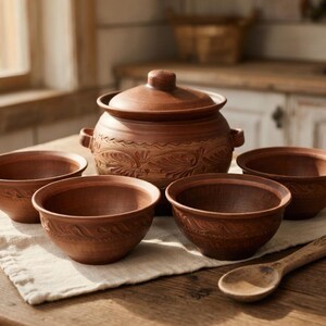 Handgemachtes Tonkeramik-Set, Terrakotta-Suppentopf 3,5 l mit 4 Schüsseln, rustikales Keramik-Kochgeschirr, umweltfreundliches Küchenset, Bauernhaus-Küchendekoration Bild 2