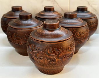 Set of 6, 4, 2, 1 Individual Clay Pots with Lids 20 oz Each Terracotta for Slow Cooking Rustic Pots Hand-Carved Pottery Set