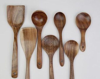 Acacia Wood Kitchen Utensil Set of 7, Handmade Wooden Spoons for Cooking, Non-Stick Spatula Set, Eco Friendly Kitchenware
