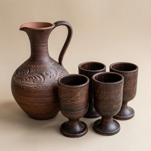Handmade Clay Pitcher and Goblet Set | Ukrainian Pottery | 1.5L/50.7 fl.oz Ceramic Jug + 4 Cups | Rustic Wine Set| Traditional Folk Art Gift
