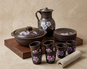 Handmade Clay Dinnerware Set 15 pcs Cherry Blossom | Ukrainian Pottery | Casserole Pitcher Plates Cups | Hand Painted Ceramic Table Set