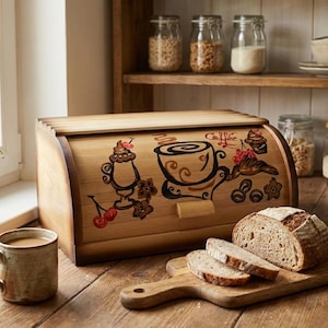 May include: Wooden bread box with a roll-top lid, decorated with coffee-themed illustrations. A loaf of sliced bread rests on a wooden cutting board. A mug of coffee and a potted plant sit nearby, creating a cozy kitchen scene.