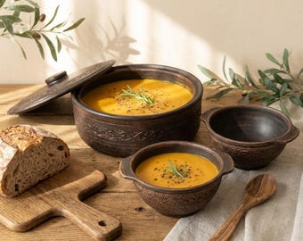 Handmade Ukrainian Ceramic Bowl Set with Lid | Hand Carved Stoneware Soup Bowls & Casserole Gift