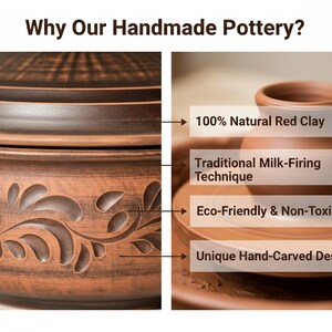 May include: Image of handmade pottery with a detailed close-up of a carved design. The text highlights the use of 100% natural red clay, a traditional milk-firing technique, eco-friendly and non-toxic materials, and a unique hand-carved design.