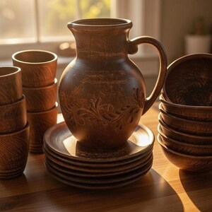 Puede incluir: Un conjunto de vajilla de cerámica marrón, que incluye una jarra, tazas, platos y cuencos. La jarra tiene un asa y un diseño floral. Los artículos están dispuestos sobre una superficie de madera, iluminados por luz natural.