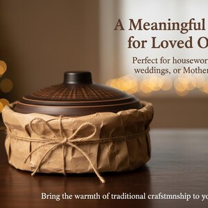 May include: A brown ceramic pot with a lid, wrapped in brown paper and tied with twine. The image includes text that reads "A Meaningful Gift for Loved Ones". The pot is on a dark wooden surface.