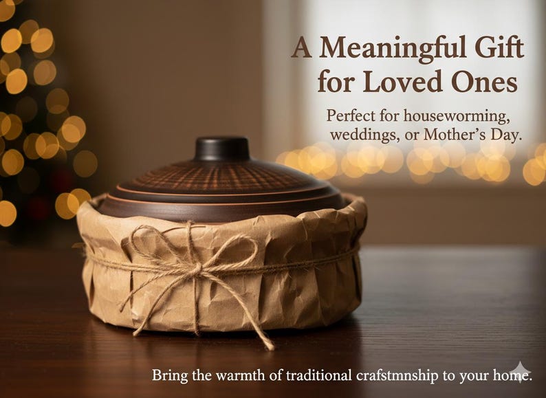 May include: A brown ceramic pot with a lid, wrapped in brown paper and tied with twine. The image includes text that reads "A Meaningful Gift for Loved Ones". The pot is on a dark wooden surface.