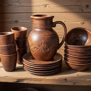 Puede incluir: Conjunto de cerámica marrón rústica, que incluye una jarra con asa, cuencos apilados, platos y tazas. La jarra presenta un diseño floral en relieve. Los elementos están dispuestos sobre una superficie de madera, ideal para cocina o comedor.