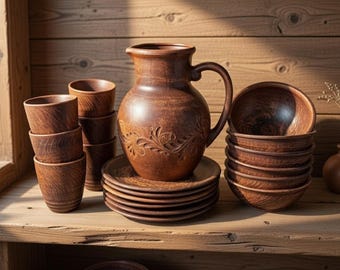 19-teiliges handgefertigtes Tongeschirrset für 6, rustikales Keramikgeschirr, Terrakotta-Teller Schalen Tassen & Krug, Bauernhaus-Esset-Geschenk