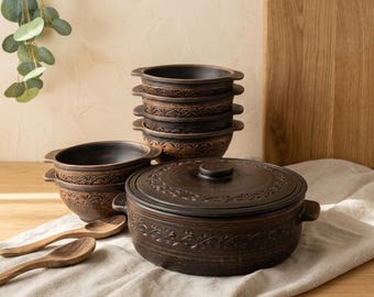 Handmade Pottery Soup Set for 6 | Ceramic Soup Tureen with 6 Bowls | Rustic Farmhouse Dinnerware | Handmade Ukrainian Ceramic Gift