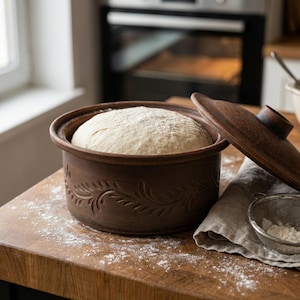 Handmade Ceramic Bread Pot with Lid, Clay Sourdough Baker, Rustic Terracotta Casserole Dish,  2.1qt Artisan Baking Pot