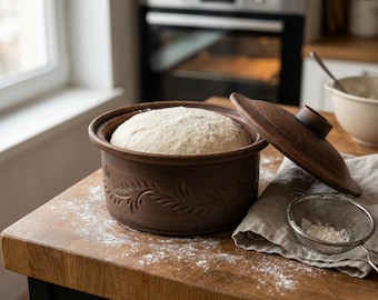 Handmade Ceramic Bread Pot with Lid, Clay Sourdough Baker, Rustic Terracotta Casserole Dish,  2.1qt Artisan Baking Pot