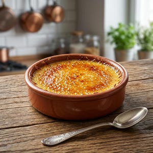 Pode incluir: Um ramequim de crème brûlée com uma crosta de açúcar caramelizado. A sobremesa está num prato de cerâmica castanha, sobre uma superfície de madeira, com uma colher de prata. O fundo inclui panelas de cobre e plantas.