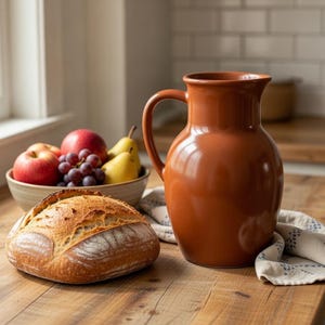 May include: A rustic kitchen scene featuring a terracotta pitcher, a loaf of bread, and a bowl of fruit. The fruit includes red apples, grapes, and pears. A patterned cloth rests on the wooden countertop. The pitcher is approximately 10 inches tall.