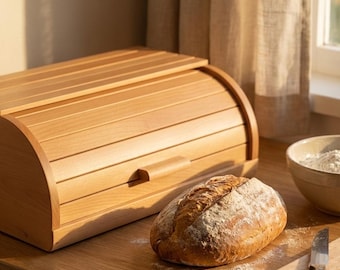 Natural Wooden Bread Box with Roll-Top Lid • Kitchen Counter Storage • Rustic Beech Wood Bread Bin • Bread Keeper • Eco Kitchen Decor