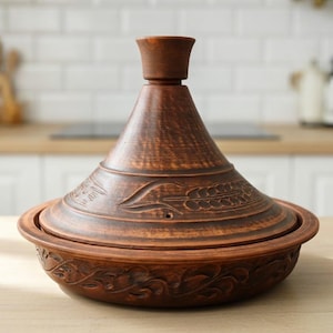 May include: A handcrafted, brown ceramic tagine pot with a conical lid and decorative carvings. The tagine is designed for cooking and serving, with a wide base and a tall, pointed lid. The pot is made of earthenware and has a rustic, earthy appearance.