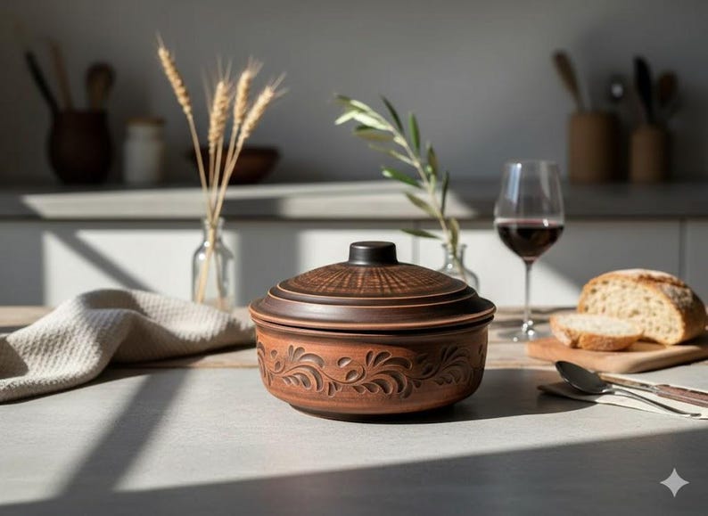 May include: A brown ceramic casserole dish with a lid, featuring an embossed floral design. The dish is on a table with a glass of red wine, bread, and a linen napkin. The dish measures approximately 10 inches in diameter.