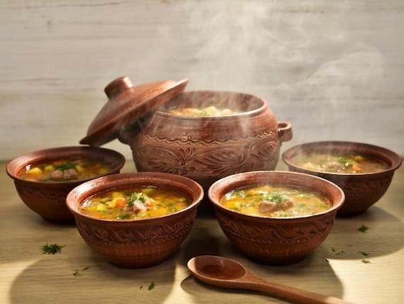Handmade Clay Pottery Set, Terracotta Soup Pot 3.5L with 4 Bowls, Rustic Ceramic Cookware, Eco Friendly Kitchen Set, Farmhouse Kitchen Decor