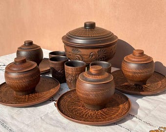 Rustic Ukrainian Cookware, Pottery Dinnerware Set, Hand Carved Milk Fired Clay Dishes, Ceramic Soup Tureen with Bowls and Cups