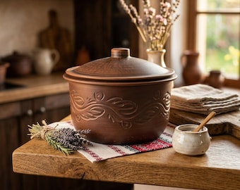 Olla de barro de 6 litros (203 oz) para cocinar con tapa. Horno de cerámica artesanal. Cerámica tradicional ucraniana.