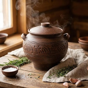 Puede incluir: Una olla de cerámica marrón con tapa y asas, con diseños tallados. Sale vapor, sugiriendo un plato caliente. Sobre una mesa de madera, cuencos, hierbas y dientes de ajo completan la escena rústica.