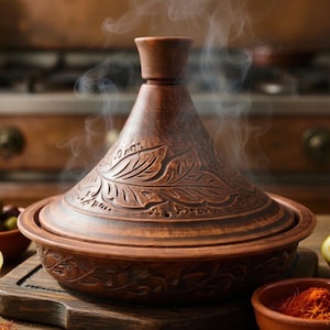 Può includere: Una pentola tagine in ceramica marrone con coperchio conico, con disegni di foglie intagliate. Il vapore sale dalla pentola, suggerendo un piatto appena cucinato. Olive, limone e spezie sono disposte attorno al tagine.