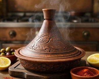 Handmade Red Clay Tagine Pot, Diameter: 27 cm / 10.6" Moroccan Style Cooker, Ukrainian Artisan Carved Cookware
