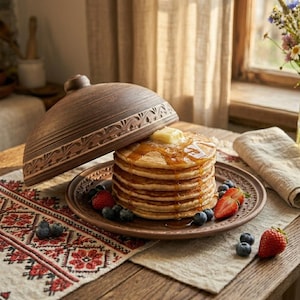 Könnte beinhalten: Ein Stapel Pfannkuchen mit Butter und Sirup auf einem braunen Keramikteller, garniert mit frischen Erdbeeren und Blaubeeren. Ein dekorativer Keramikdeckel liegt teilweise geöffnet neben den Pfannkuchen. Die Szene spielt auf einem Holztisch mit einem gemusterten Tuch.