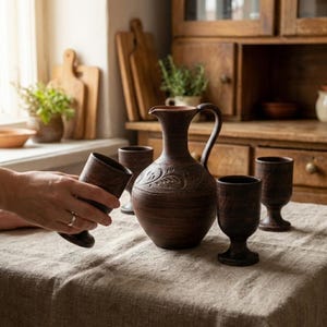 Könnte beinhalten: Eine rustikale, braune Keramikkrug mit Henkel und floralem Design, zusammen mit vier passenden Tassen. Das Set wird auf einer Leinentischdecke präsentiert, was auf ein Ess- oder Servierthema hindeutet. Die Kanne ist etwa 25 cm hoch.