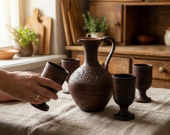 Handmade Clay Pitcher Set 1.5L 50.7 oz with 4 Cups, Rustic Ceramic Jug Set, Earthenware Drinkware, Ukrainian Pottery, Farmhouse Kitchen Gift