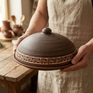 Könnte beinhalten: Eine braune Keramikservierschale mit gewölbtem Deckel, gehalten von Händen. Die Schale hat ein dekoratives Band mit einem geschnitzten floralen Design. Dampf steigt aus der Schale auf, was auf heißes Essen hindeutet.