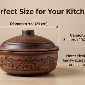 May include: A brown ceramic lidded pot with a floral design. The pot has a diameter of 9.4 inches (24 cm) and a capacity of 3 liters (100 fl oz). The text says "Perfect Size for Your Kitchen."