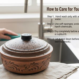 May include: A brown ceramic pot with a lid, adorned with a floral design, sits on a linen cloth near a sink. The pot is wet, suggesting it has been washed. Text above reads "How to Care for Your Pot."