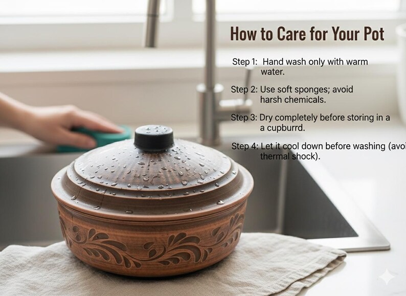 May include: A brown ceramic pot with a lid, adorned with a floral design, sits on a linen cloth near a sink. The pot is wet, suggesting it has been washed. Text above reads "How to Care for Your Pot."