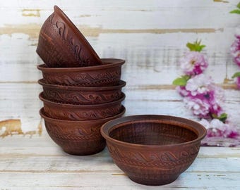 Handmade Clay Soup Bowl Set, Ukrainian Pottery Bowls with Carved Pattern, Rustic Terracotta Dinnerware, Housewarming Gift, Folk Art Kitchen