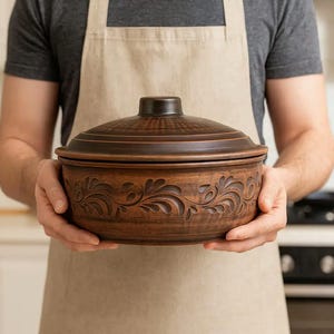 May include: A brown ceramic casserole dish with a lid, held by a person wearing an apron. The dish features a decorative floral pattern around the base. The kitchenware is suitable for cooking and serving.