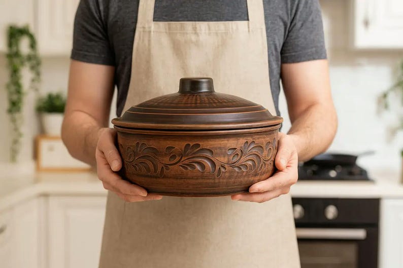 May include: A brown ceramic casserole dish with a lid, held by a person wearing an apron. The dish features a decorative floral pattern around the base. The kitchenware is suitable for cooking and serving.
