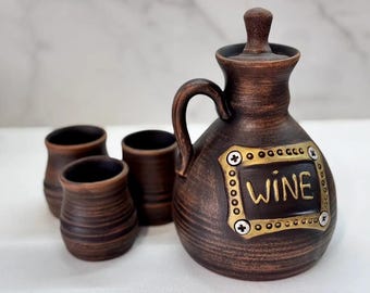 Clay Wine Jug Set 700ml with 3 Cups | Rustic Pottery Decanter | Handmade Ceramic Pitcher for Wine | Gift for Him | Ukrainian Pottery Set