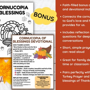 May include: Two-page Thanksgiving-themed devotional and coloring book. The cover features a black and white cornucopia illustration with pumpkins and leaves. The devotional includes reflection questions and a Thanksgiving prayer.