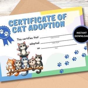 Adopt a Cat Certificate; Cat Adoption Certificate; Pet Adoption Certificate;  Cat Birthday Party; Adopt A Kitten; Adoption Instant Download