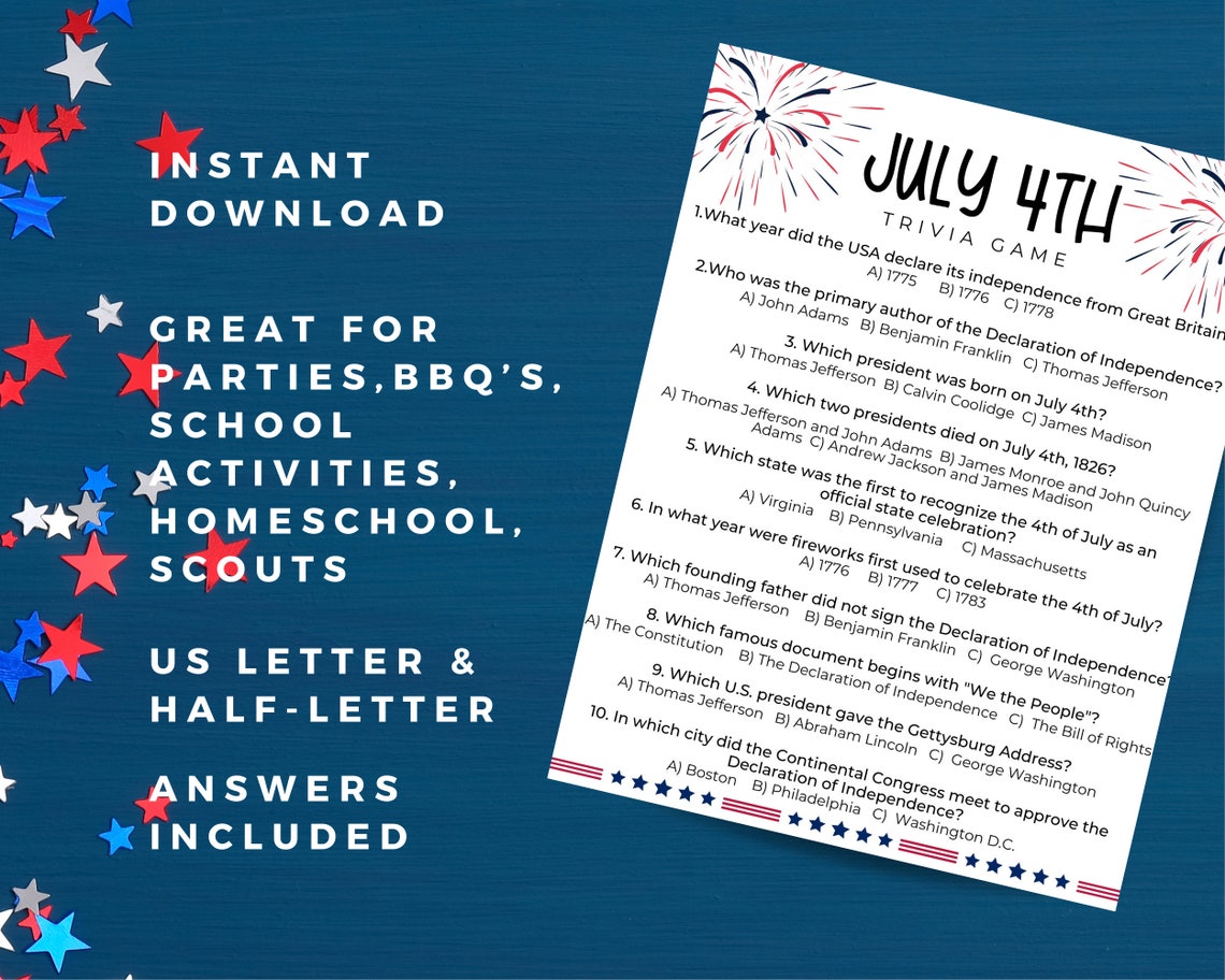 4th of July Trivia Printable | 4th of July Trivia Games | 4th July ...