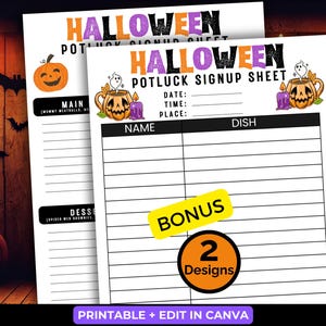 Può includere: Due fogli bianchi per l'iscrizione al potluck di Halloween con testo nero e grafiche arancioni, viola e verdi. I fogli presentano una tazza a forma di zucca, un fantasma e una candela. Un'etichetta gialla riporta BONUS e un cerchio nero 2 Designs.