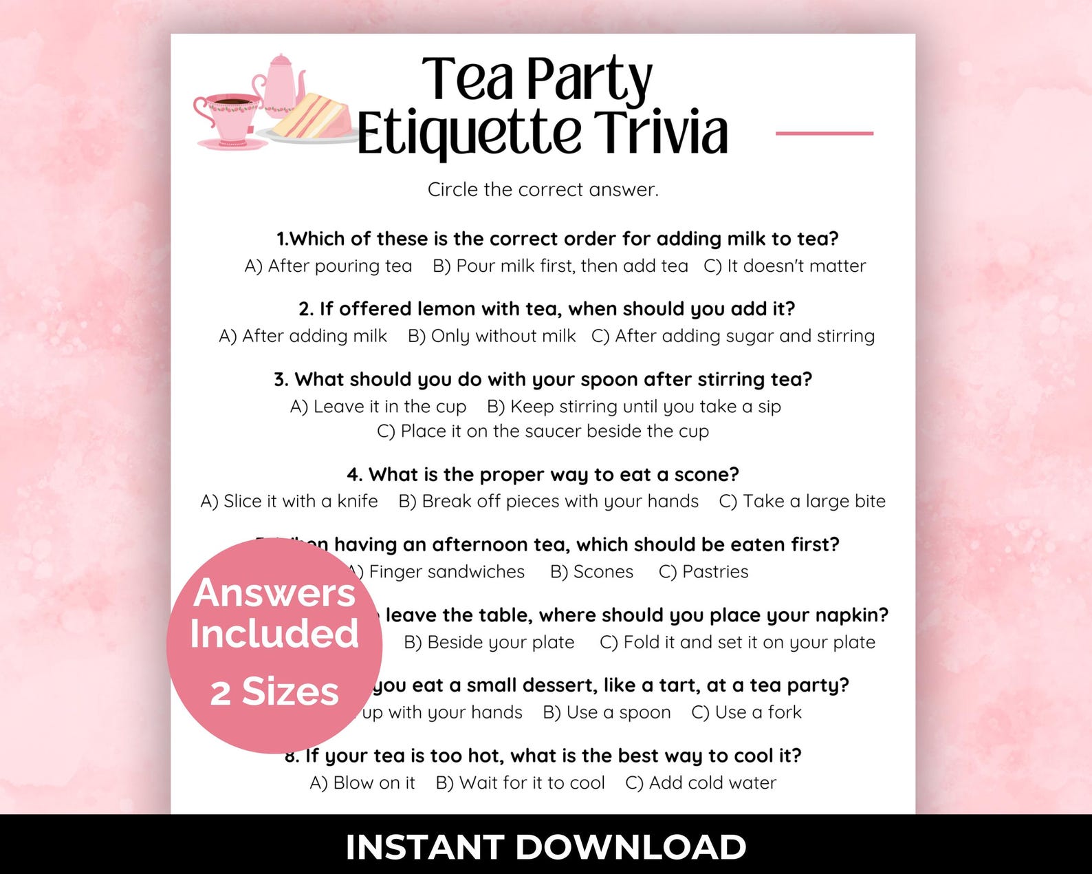 Tea Party Etiquette Game Printable Tea Party Trivia Tea Party Games for ...